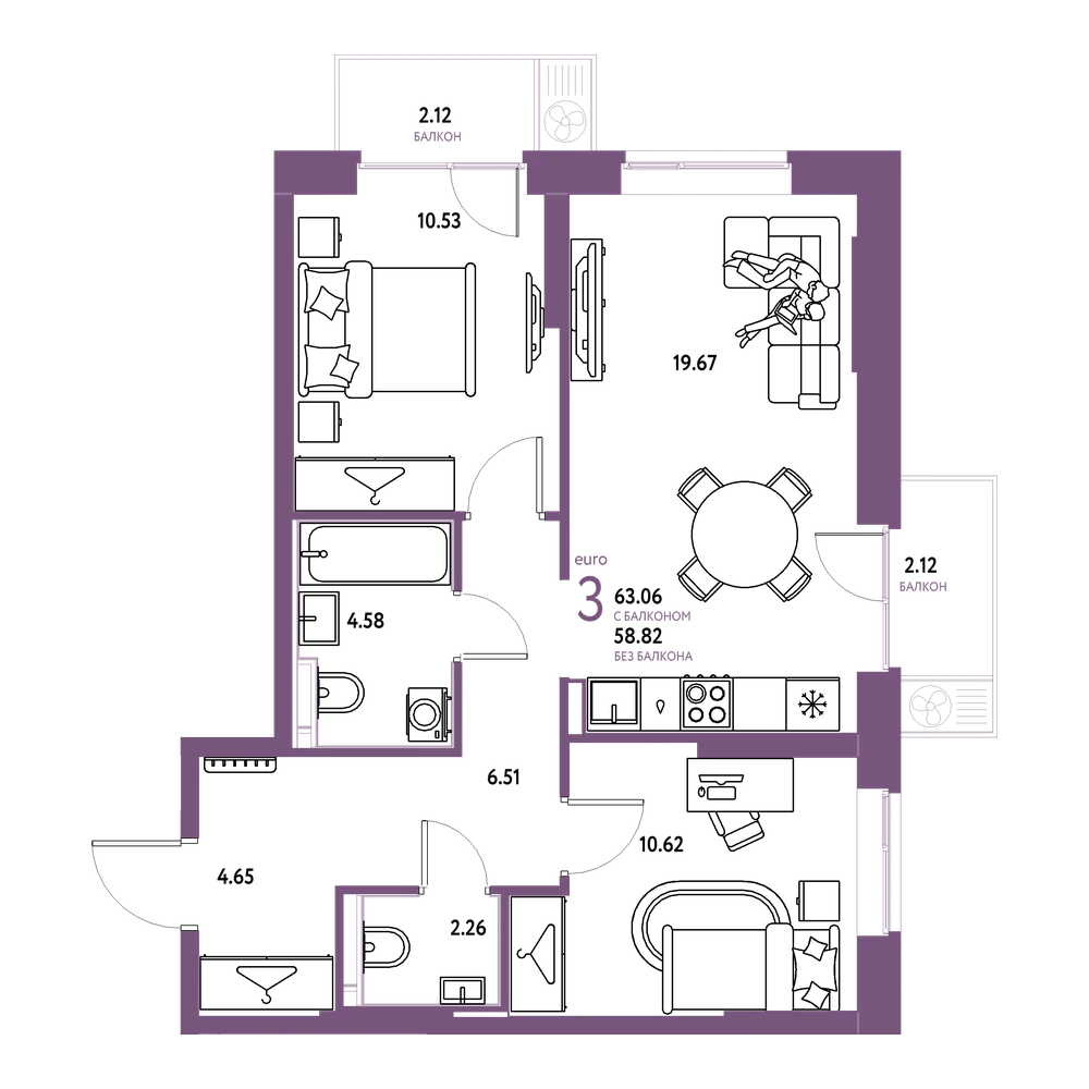 Планировка: Евротрёшка 63,06 м²