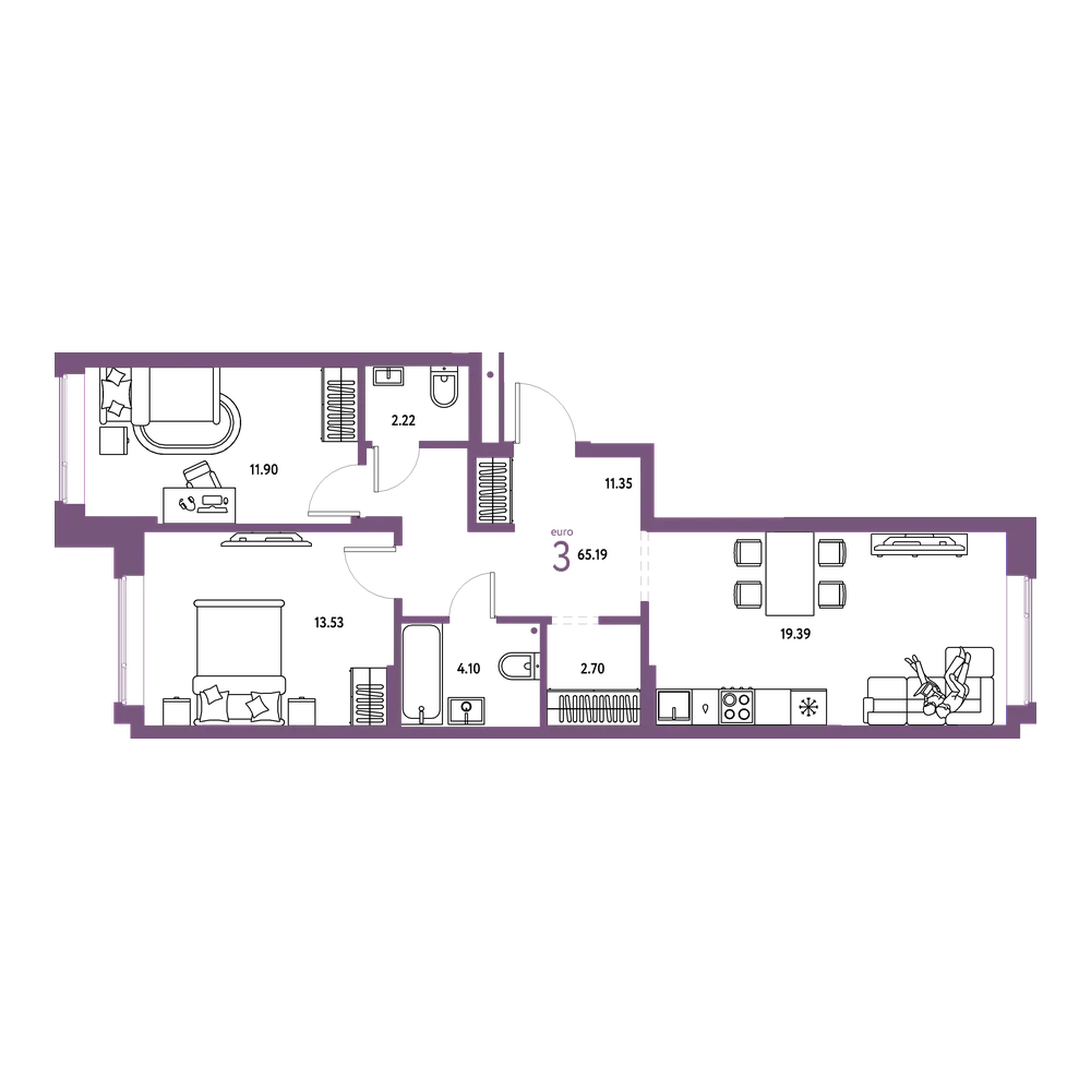 Планировка: Евротрёшка 65,19 м²