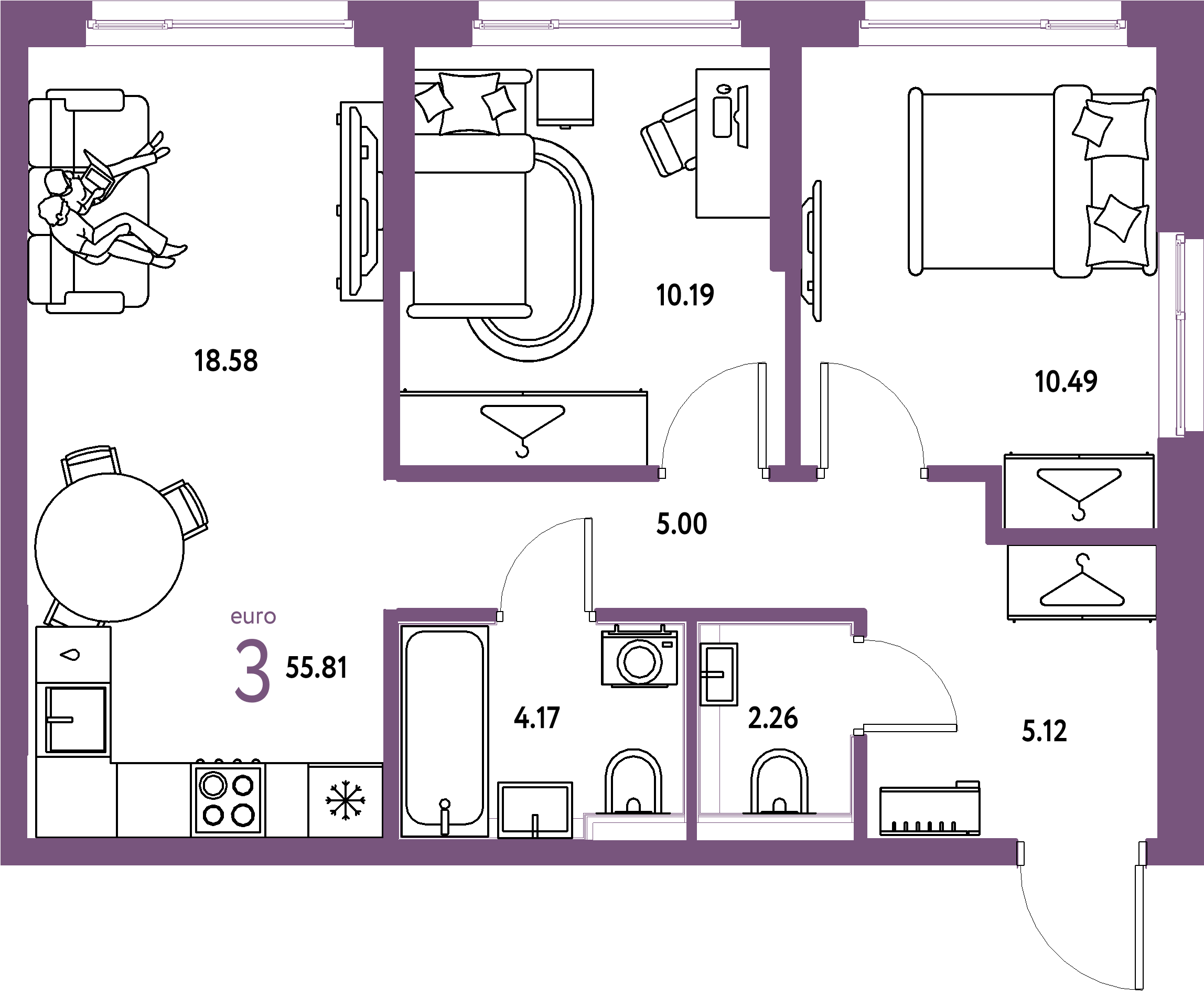 Планировка: Евротрёшка 55,81 м² в ЖК «Страна.Прибрежная»