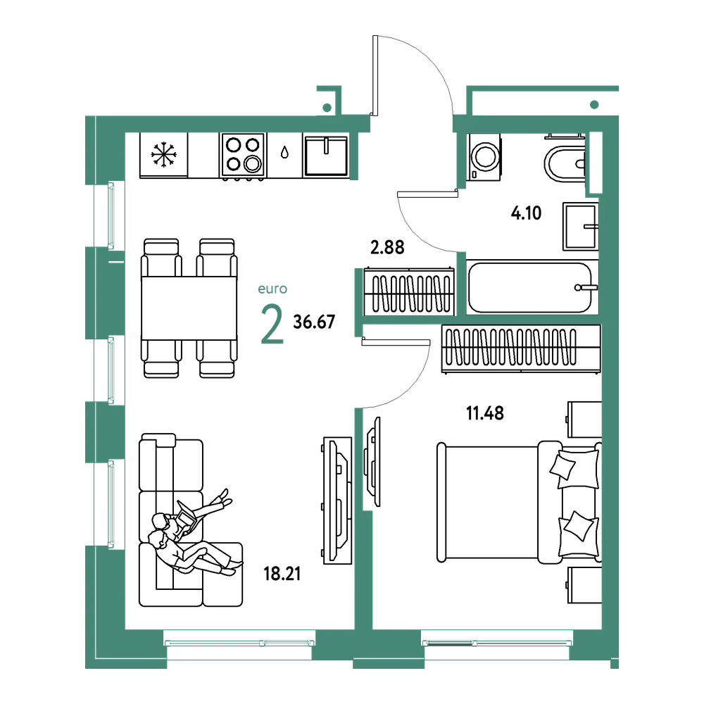 Планировка: Евродвушка 36,67 м²
