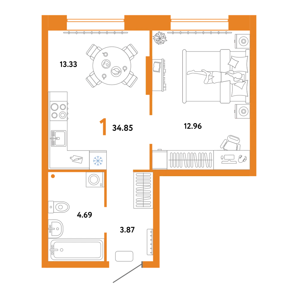 Планировка: 1-комнатная 34,85 м²