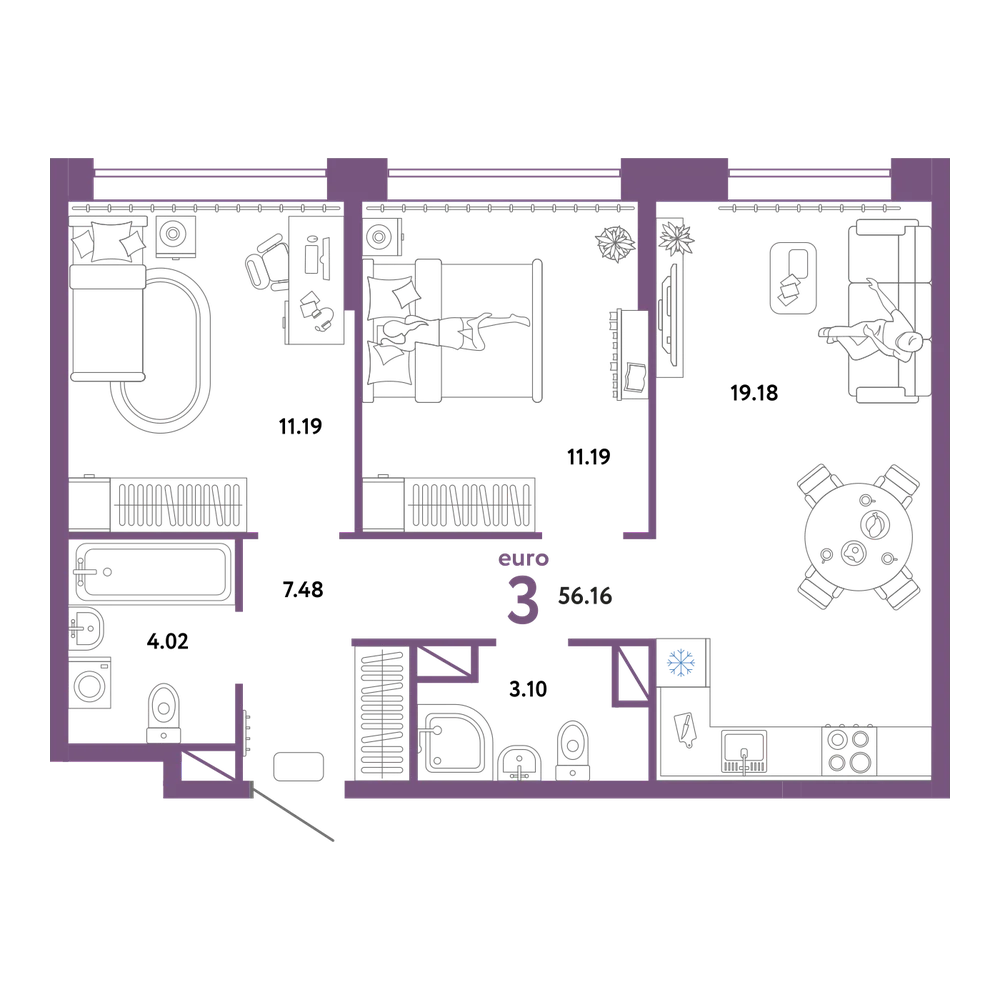 Планировка: Евротрёшка 56,16 м²