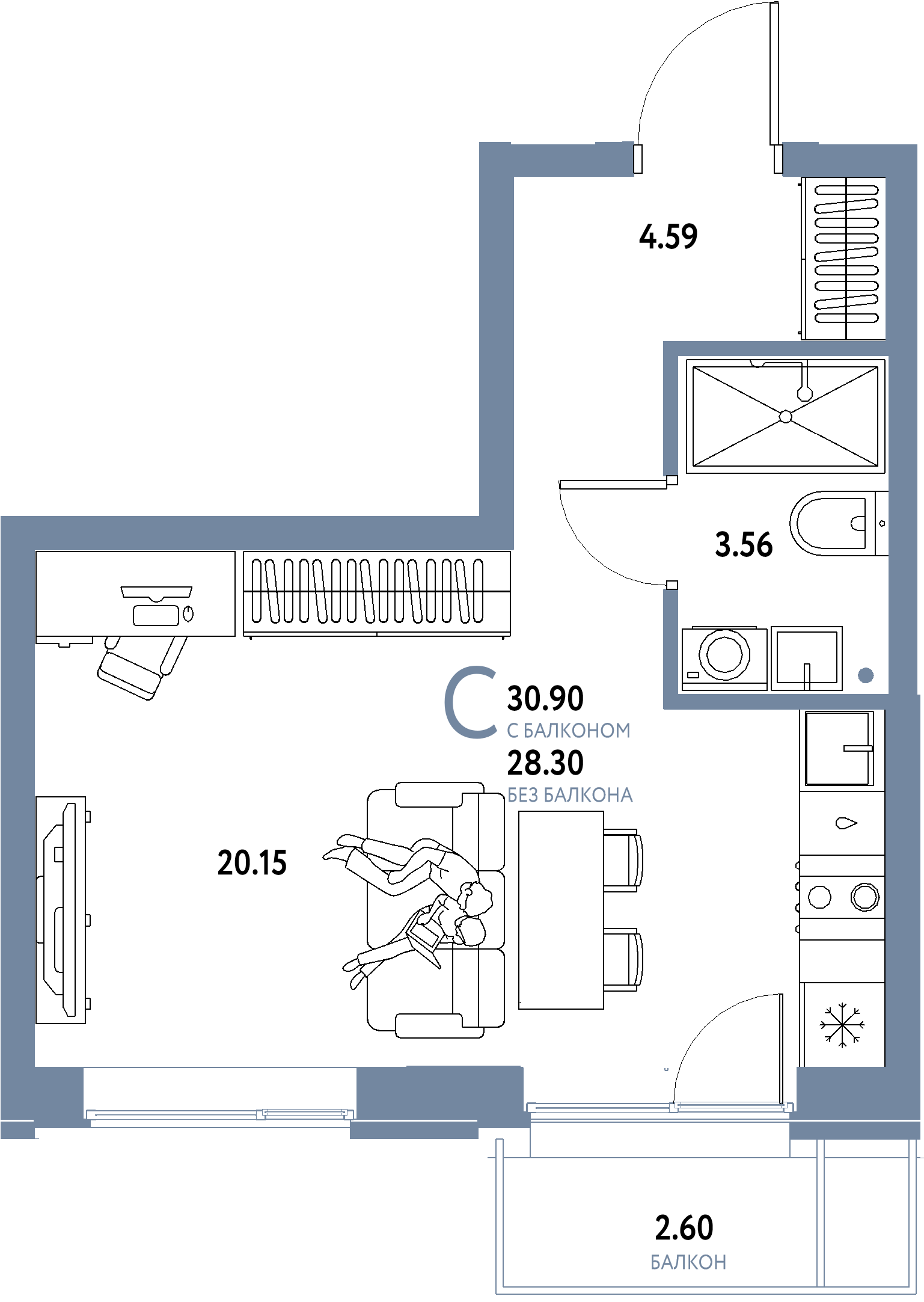 Планировка: Студия 30,9 м² в ЖК «Домашний»