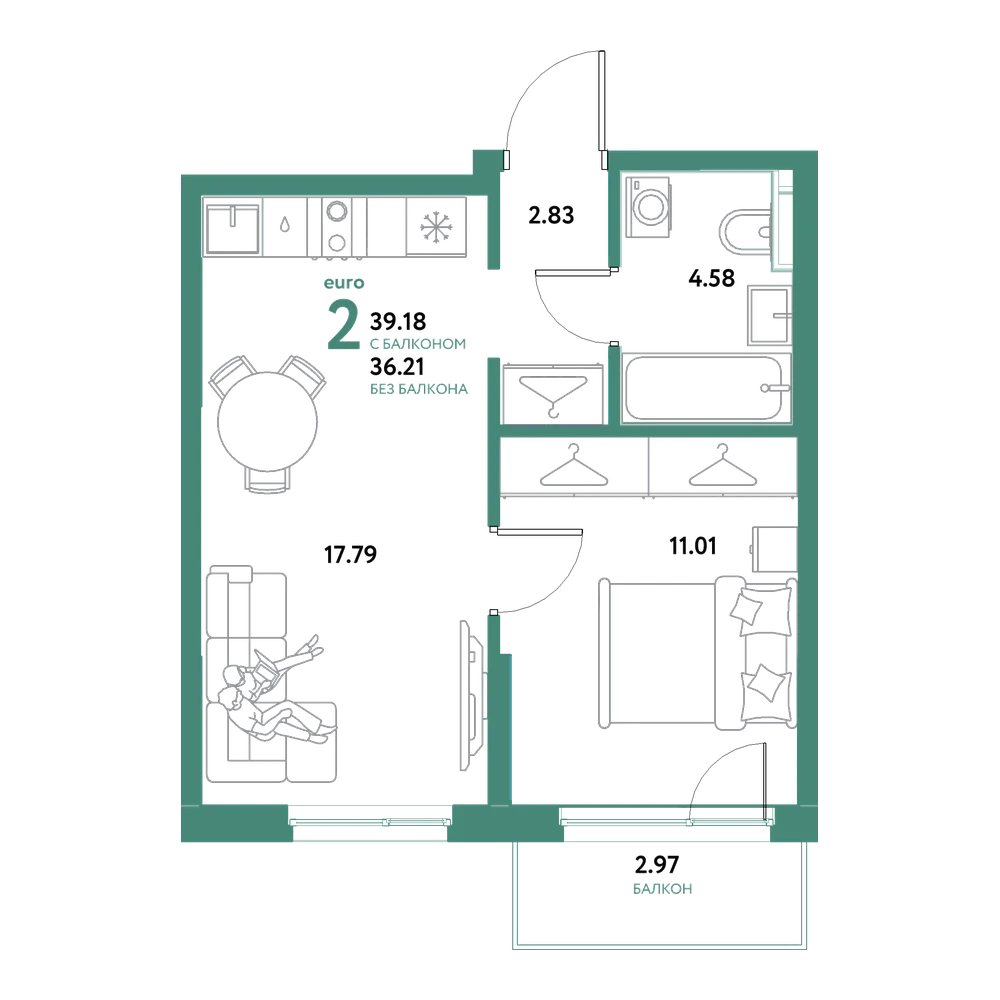 Планировка: Евродвушка 39,18 м²