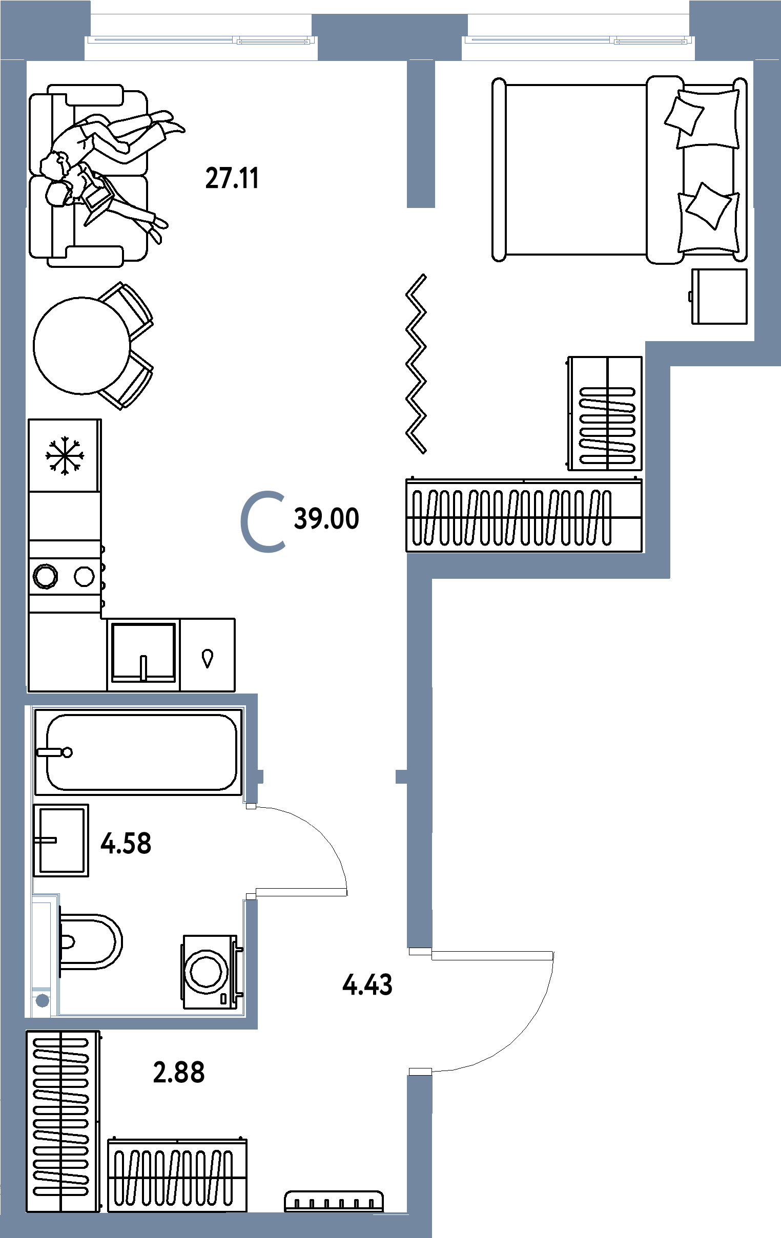Планировка: Студия 39 м² в ЖК «Домашний»