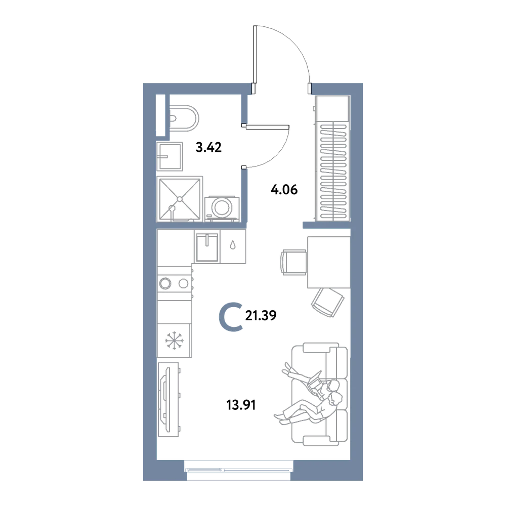 Планировка: Студия 21,39 м²
