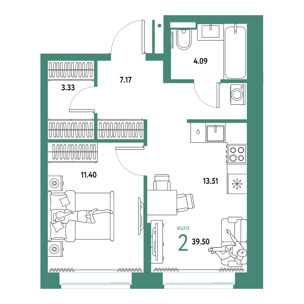 Планировка: Евродвушка 39,5 м²