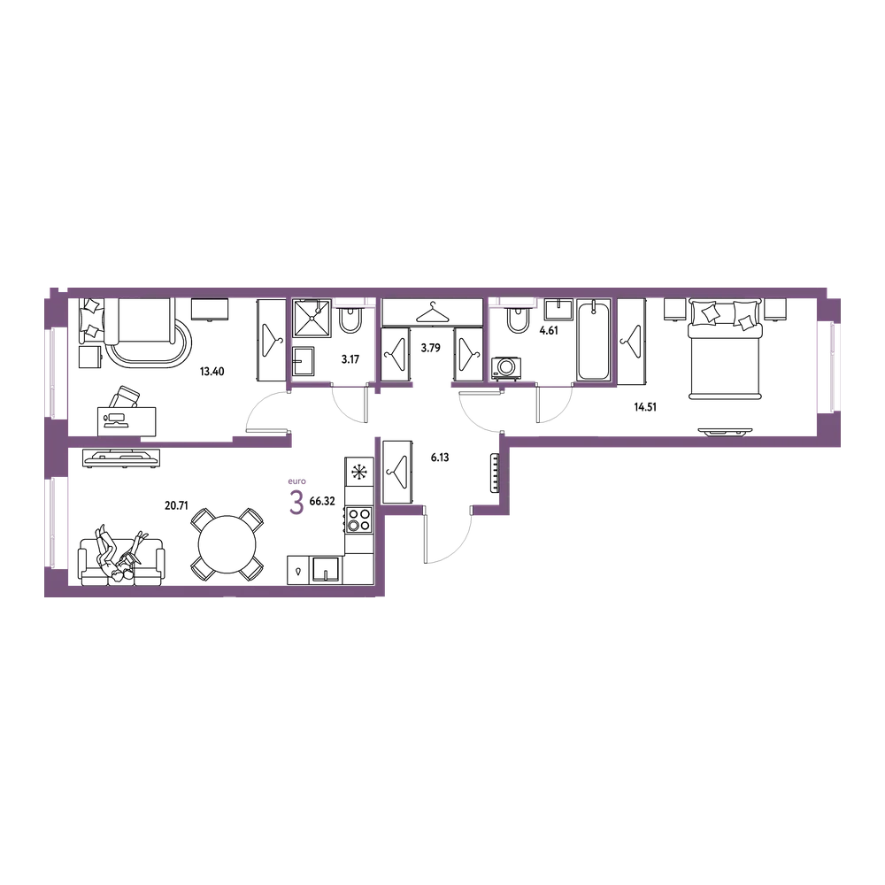 Планировка: Евротрёшка 66,32 м²
