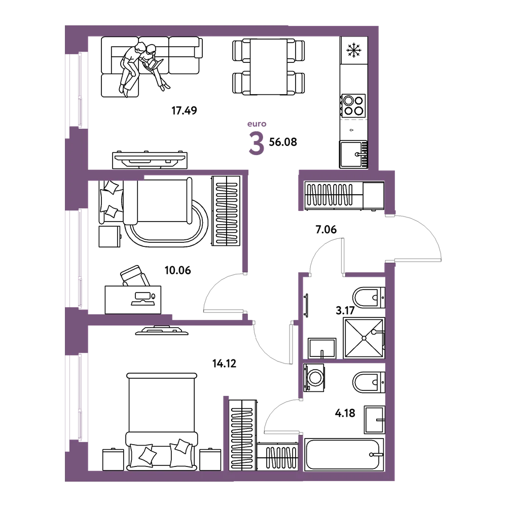 Планировка: Евротрёшка 56,08 м²