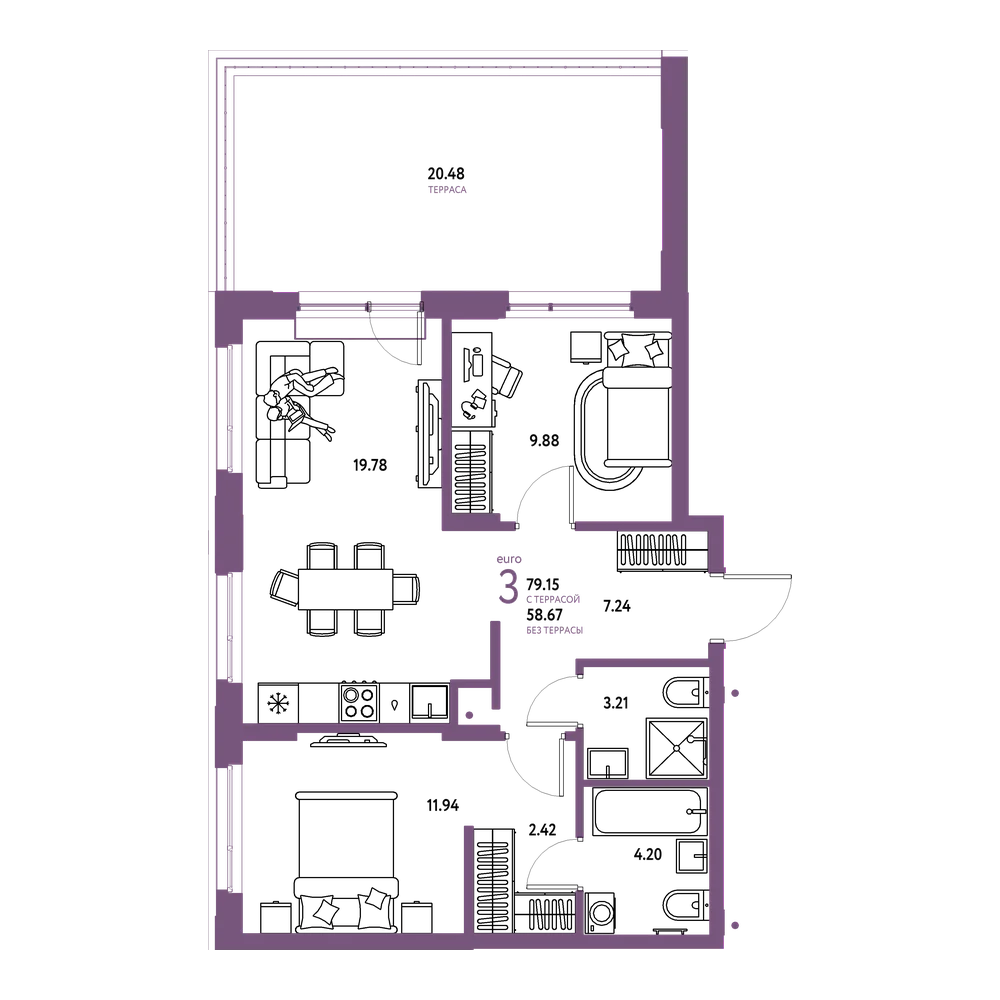 Планировка: Евротрёшка 79,15 м²