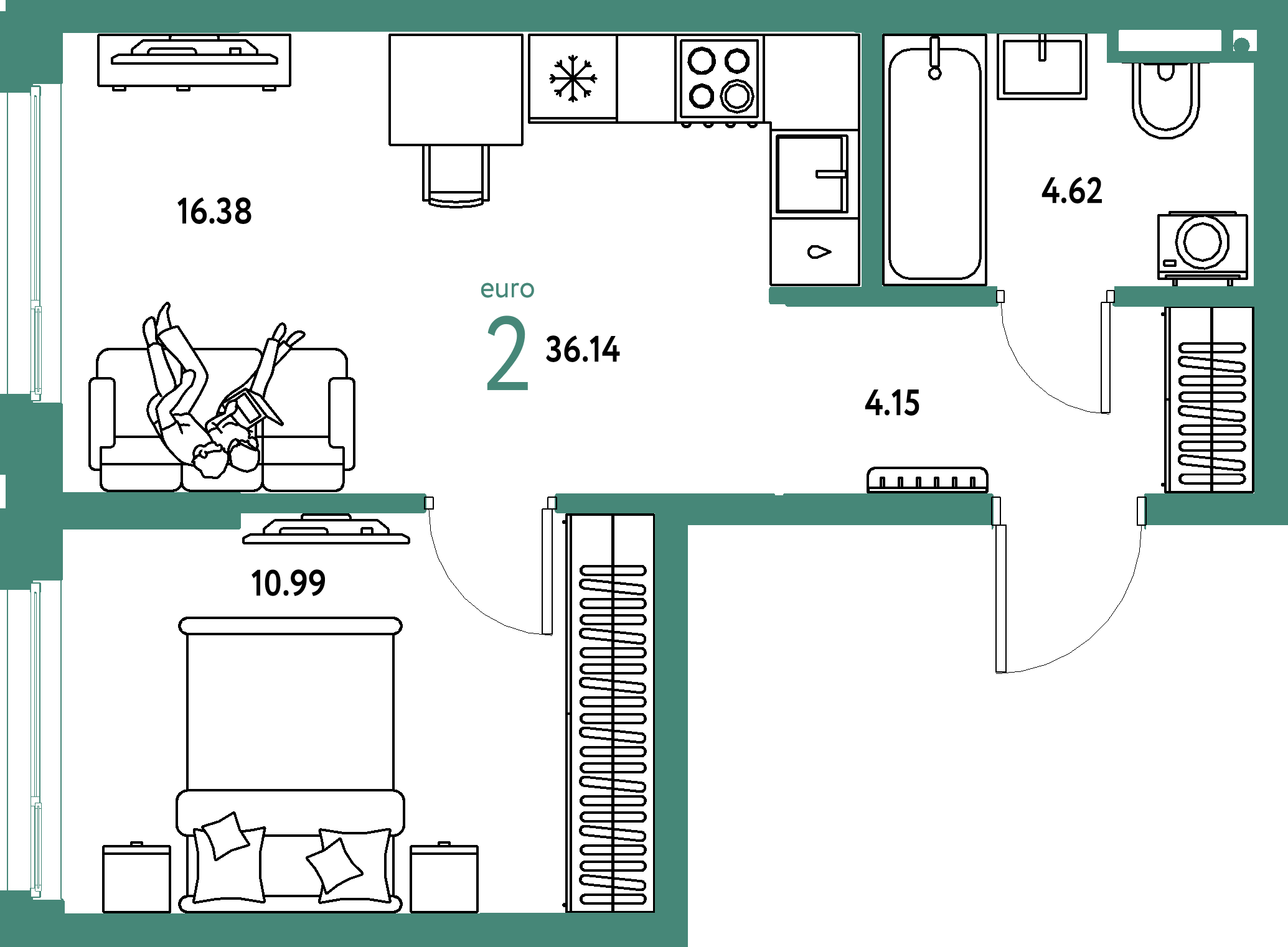Планировка: Евродвушка 36,14 м² в ЖК «Страна.Прибрежная»