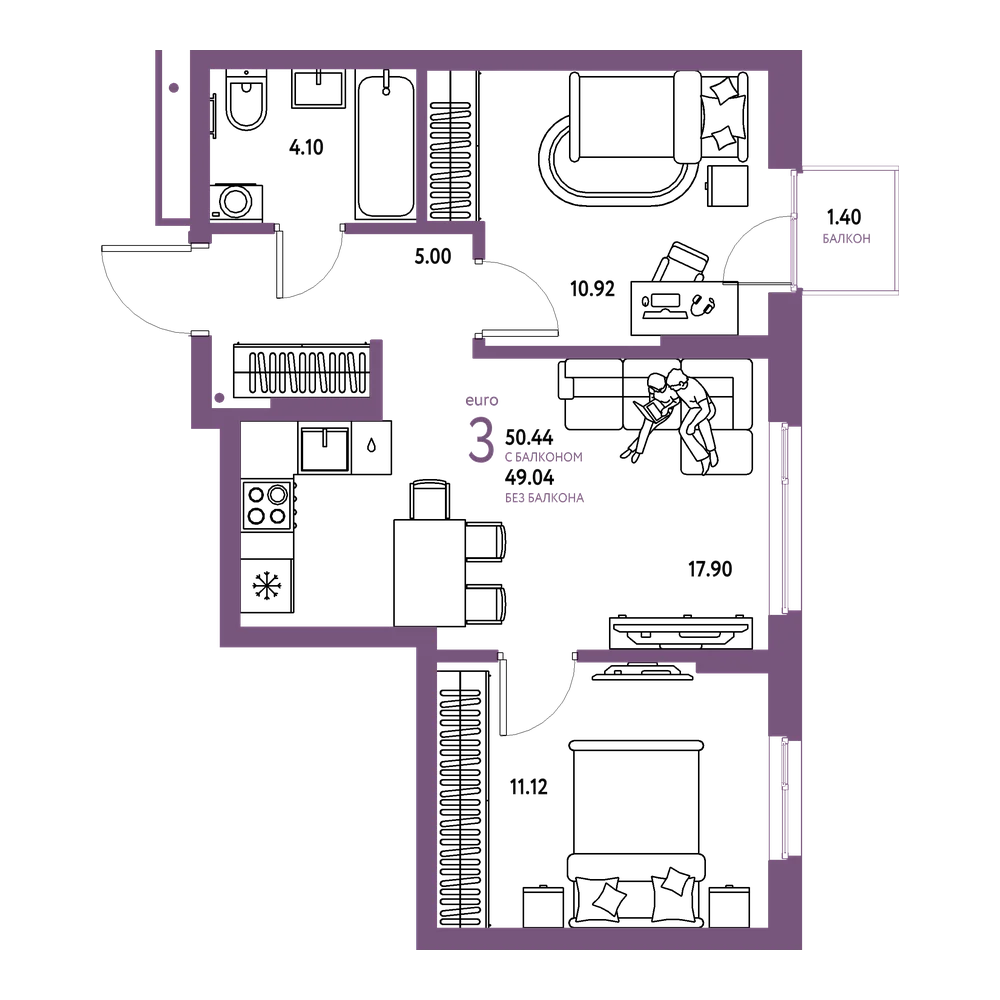 Планировка: Евротрёшка 50,44 м²