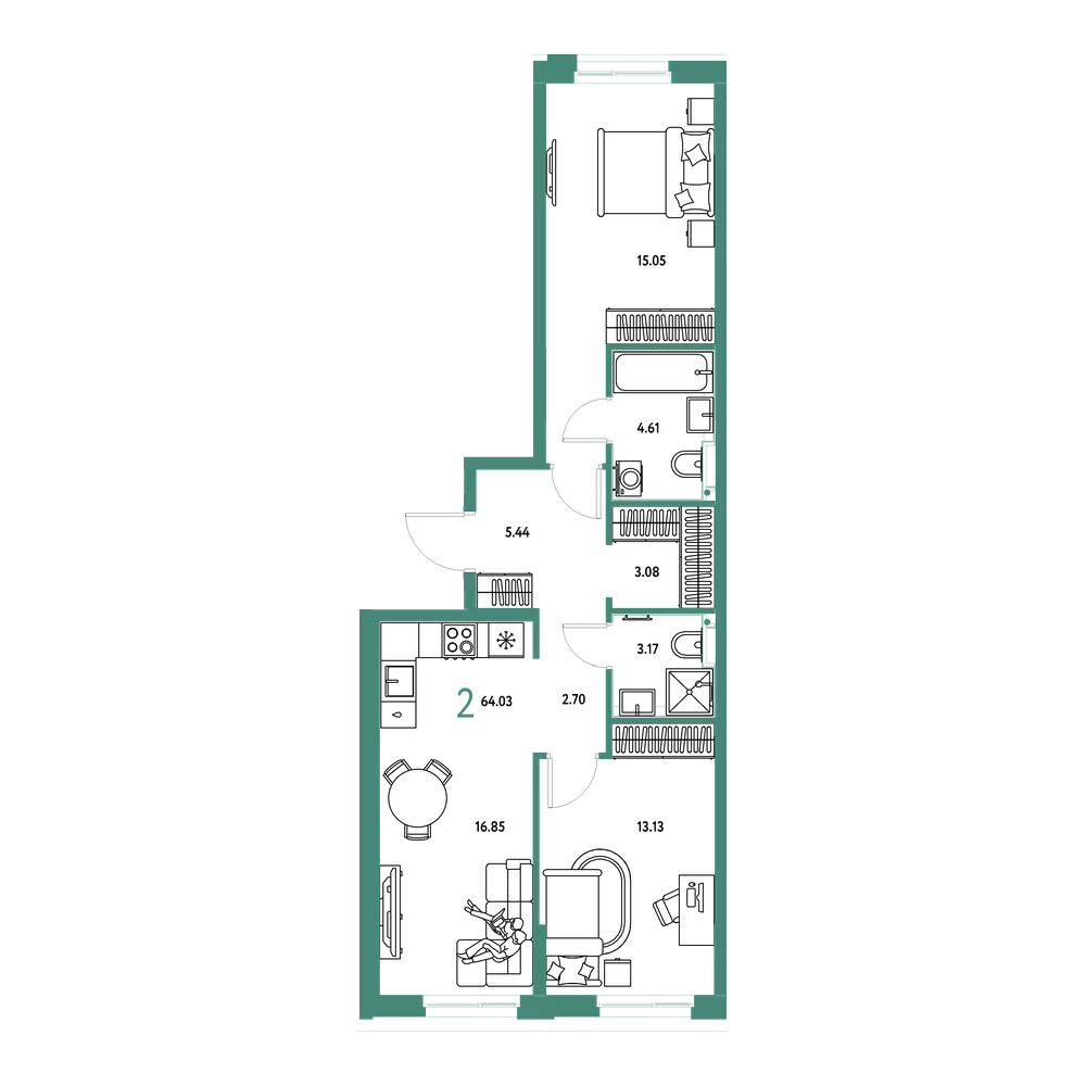 Планировка: 2-комнатная 64,03 м²