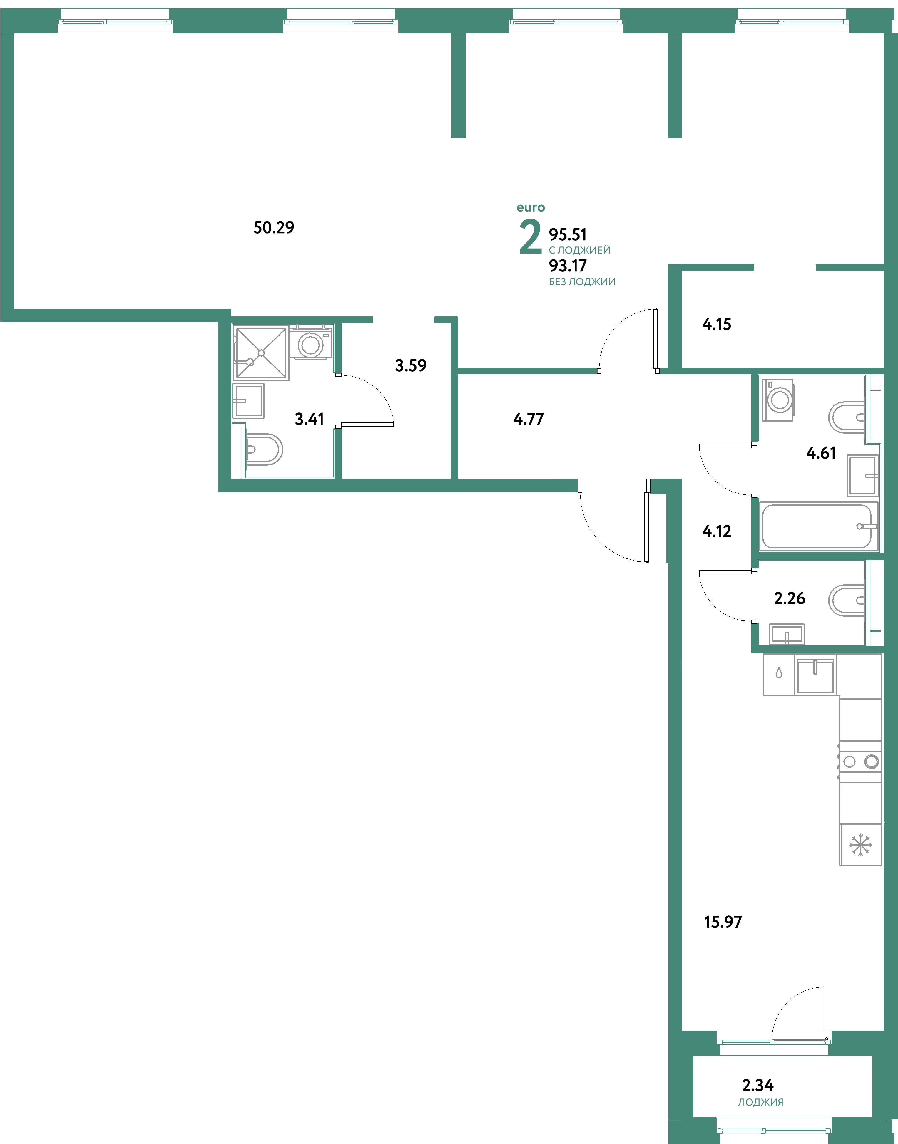 Планировка: 2-комнатная 95,51 м² в ЖК «Остров-сад»