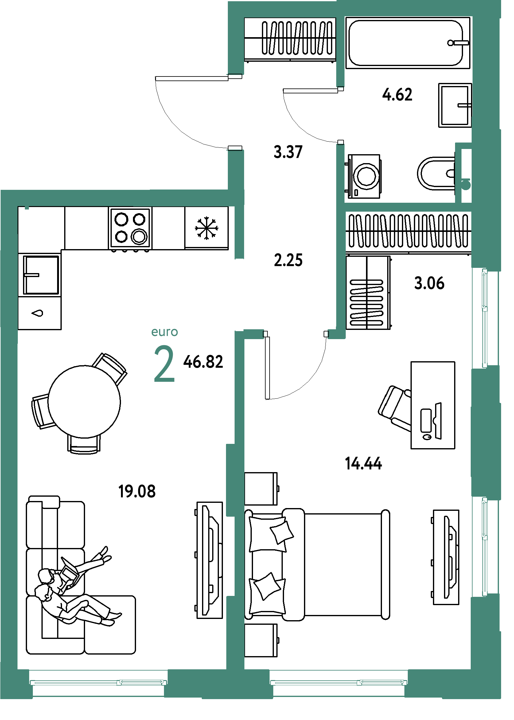 Планировка: Евродвушка 46,82 м² в ЖК «Остров-сад»