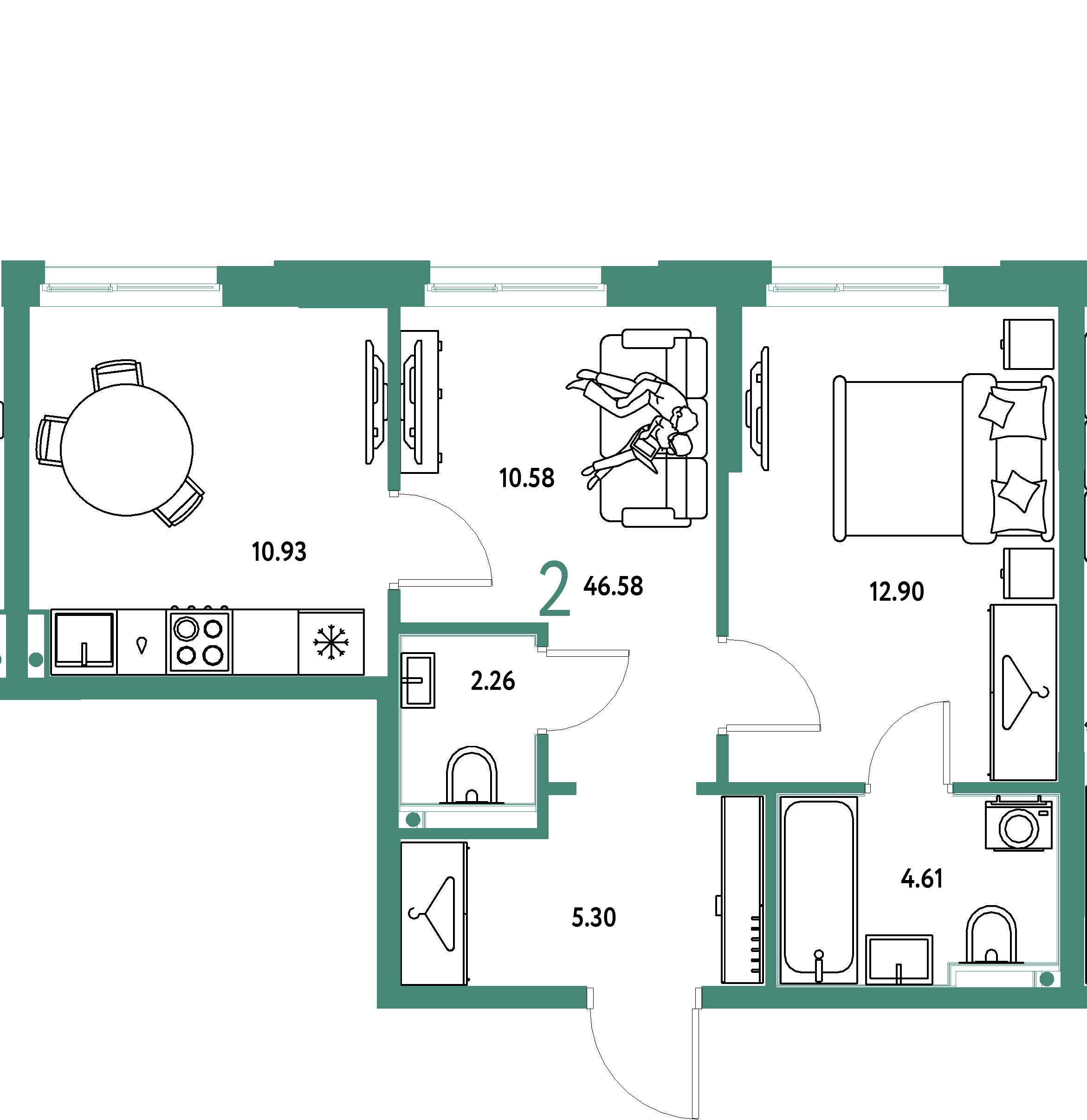 Планировка: 2-комнатная 46,58 м² в ЖК «Европейский берег 2.0»