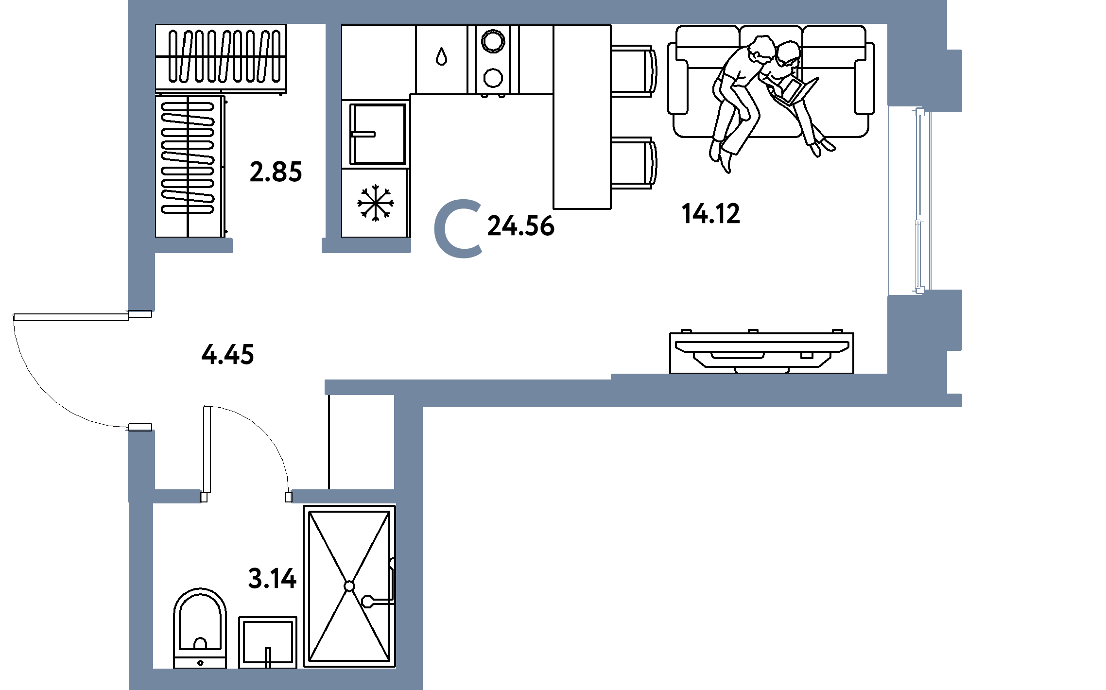 Планировка: Студия 24,56 м² в ЖК «Европейский берег 2.0»