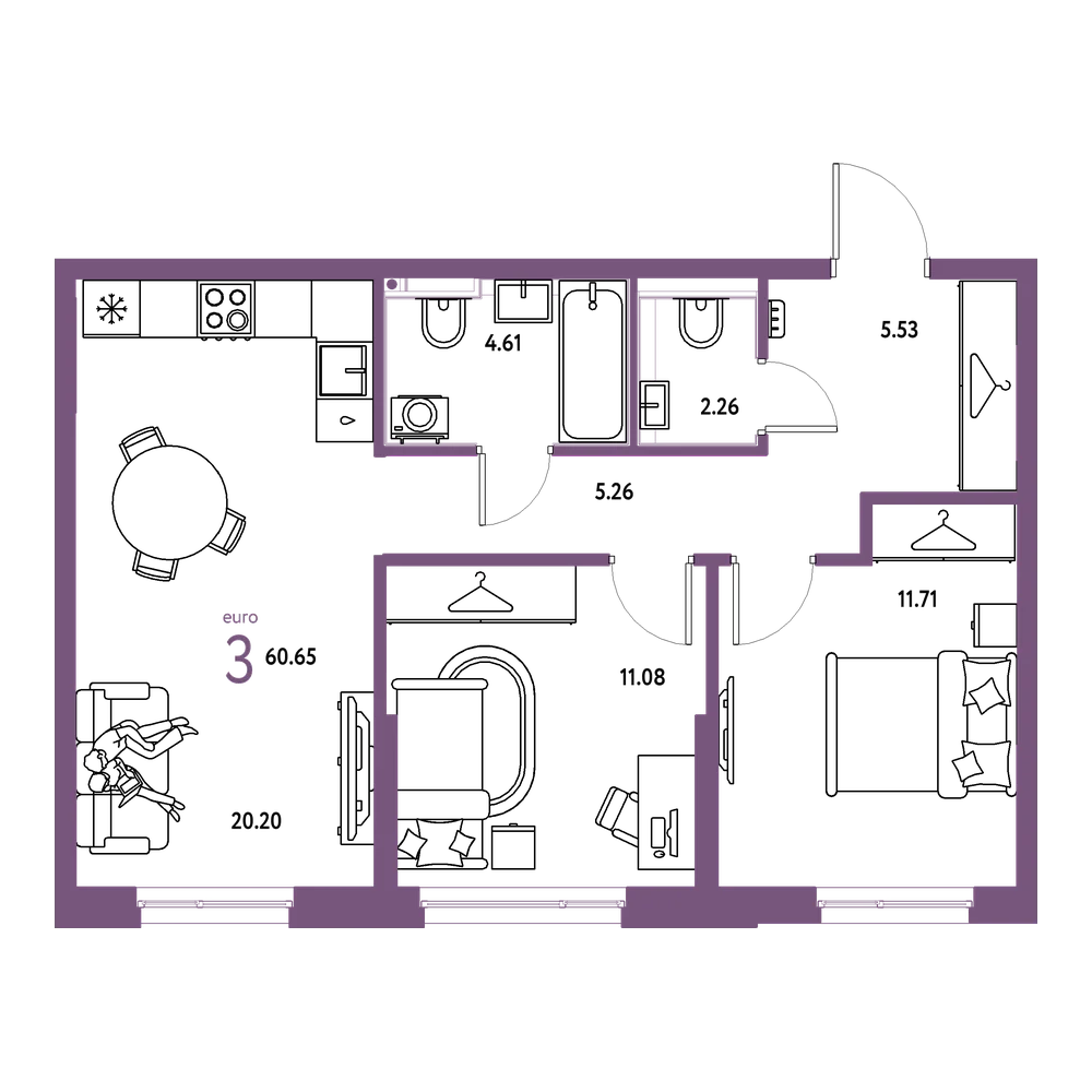Планировка: Евротрёшка 60,65 м²