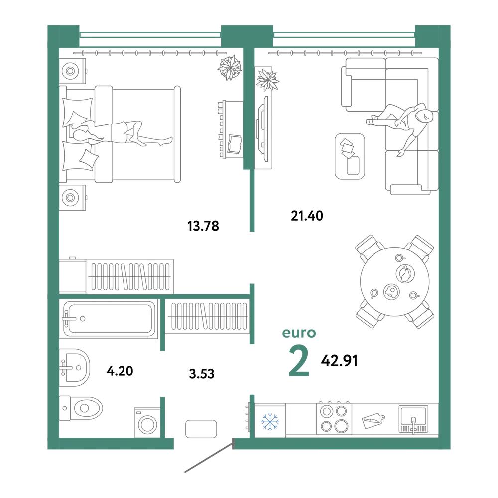 Планировка: Евродвушка 42,91 м²
