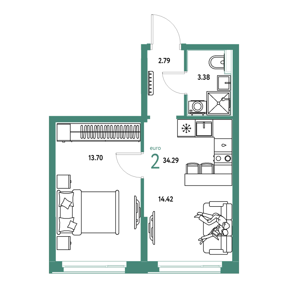 Планировка: Евродвушка 34,29 м²