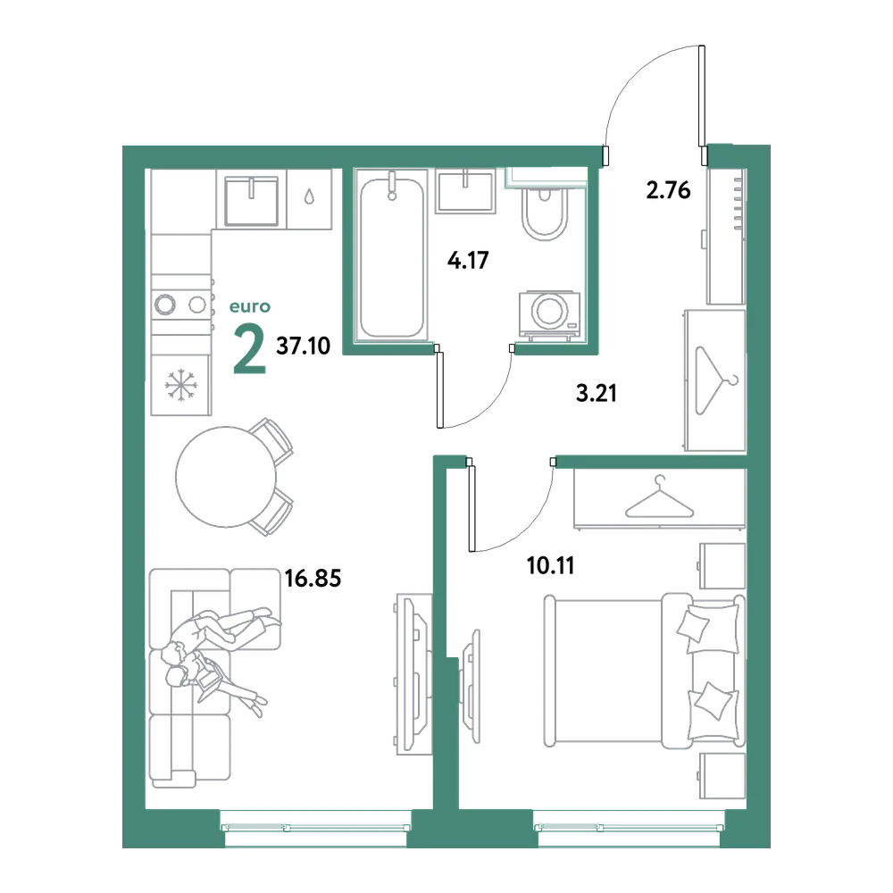 Планировка: Евродвушка 37,1 м²