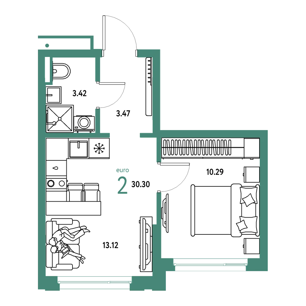 Планировка: Евродвушка 30,3 м²