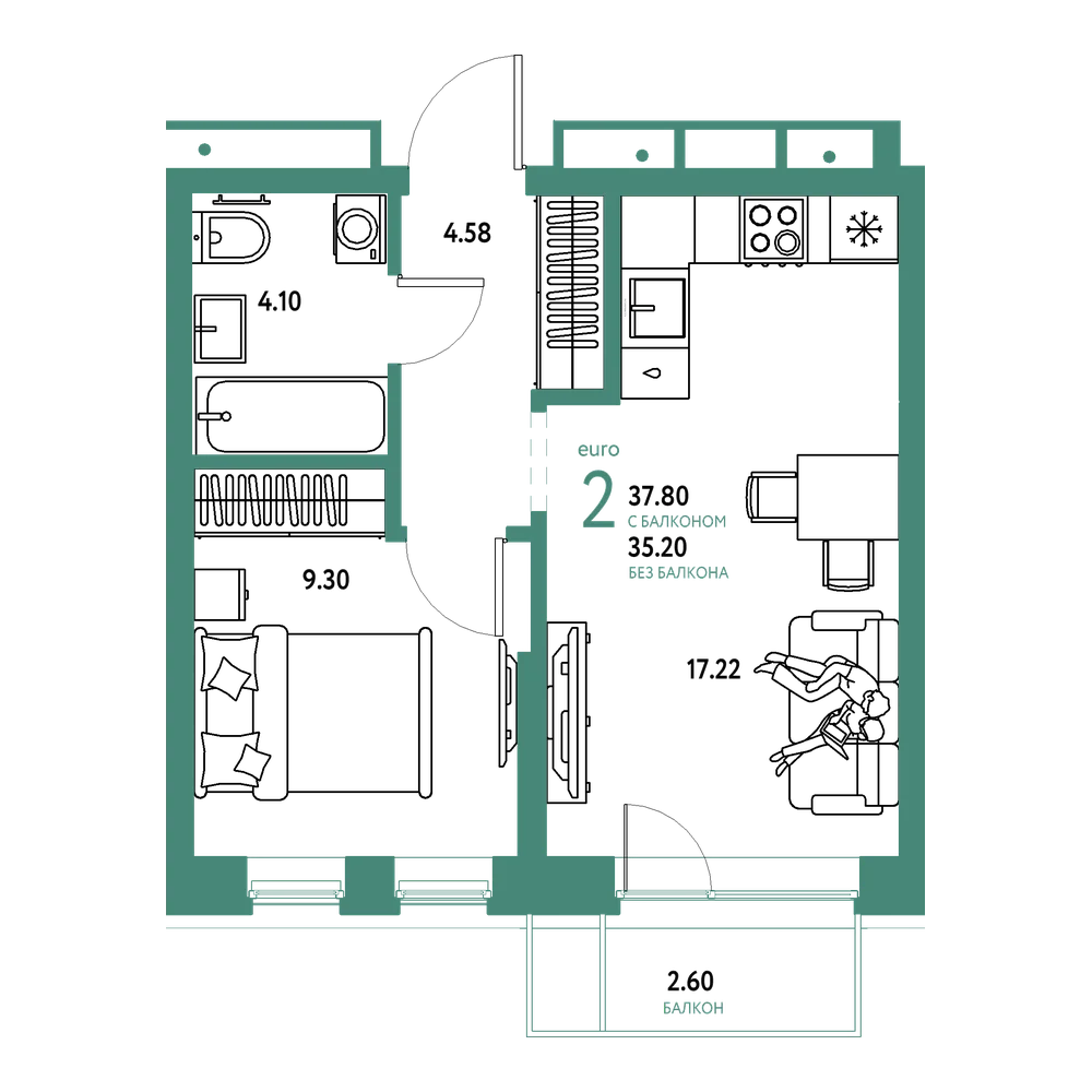 Планировка: Евродвушка 37,8 м²