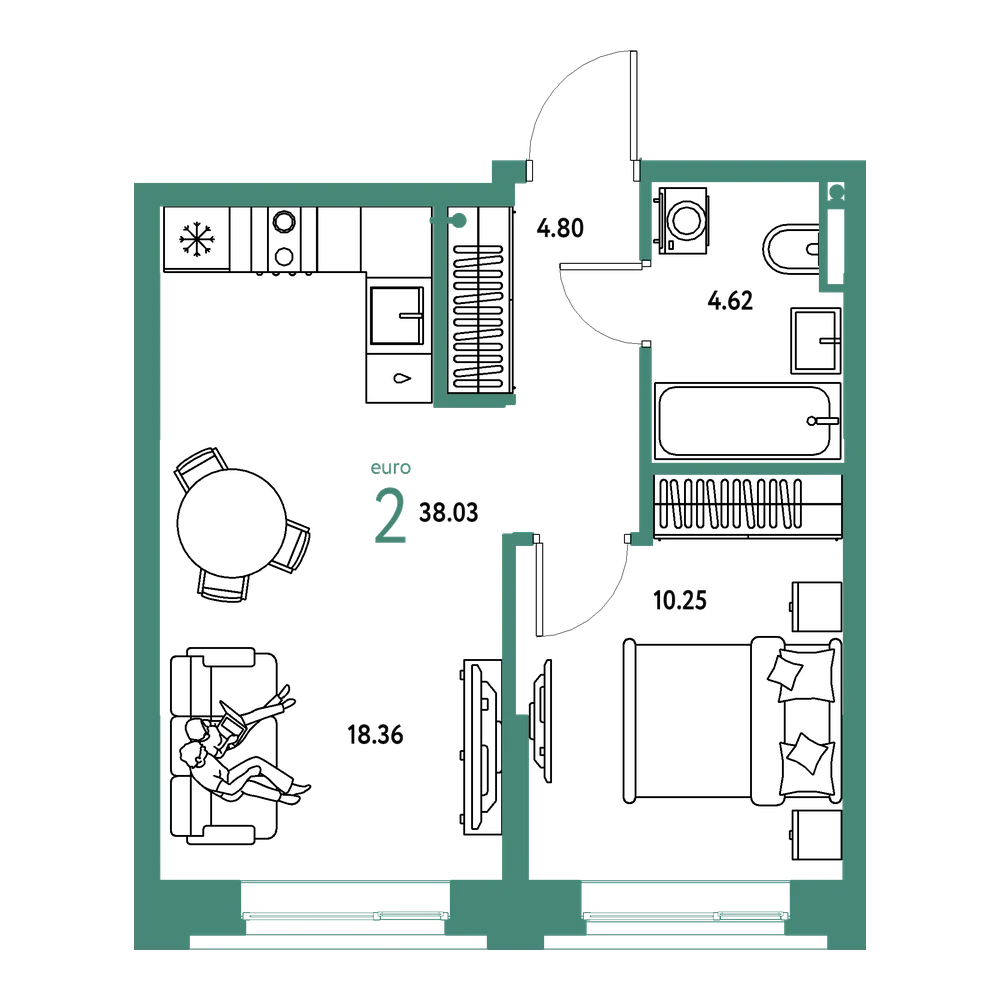 Планировка: Евродвушка 38,03 м²
