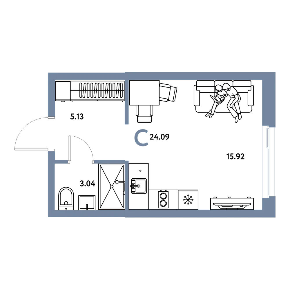Планировка: Студия 24,09 м²