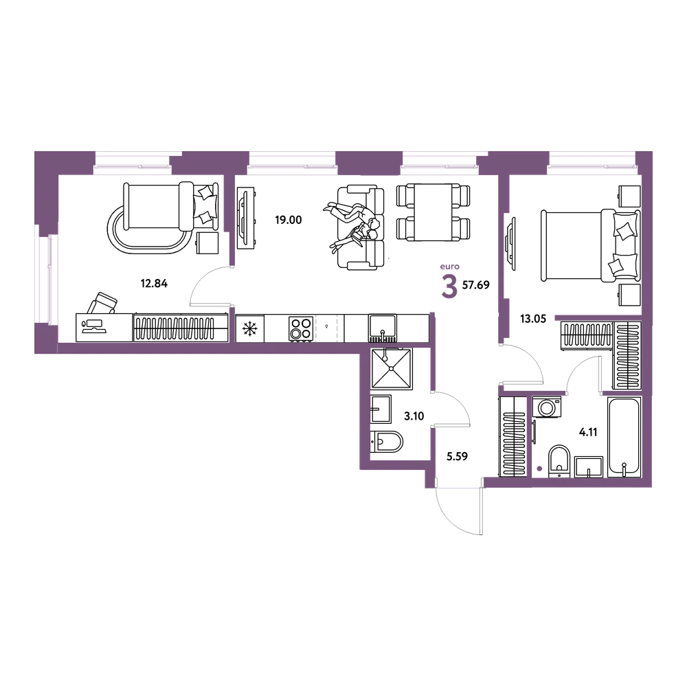 Планировка: Евротрёшка 57,69 м²