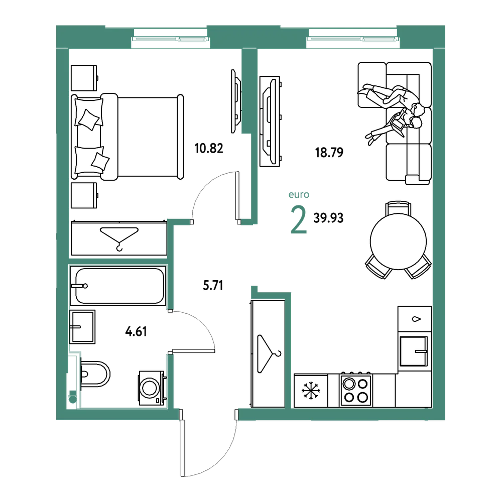 Планировка: Евродвушка 39,93 м²