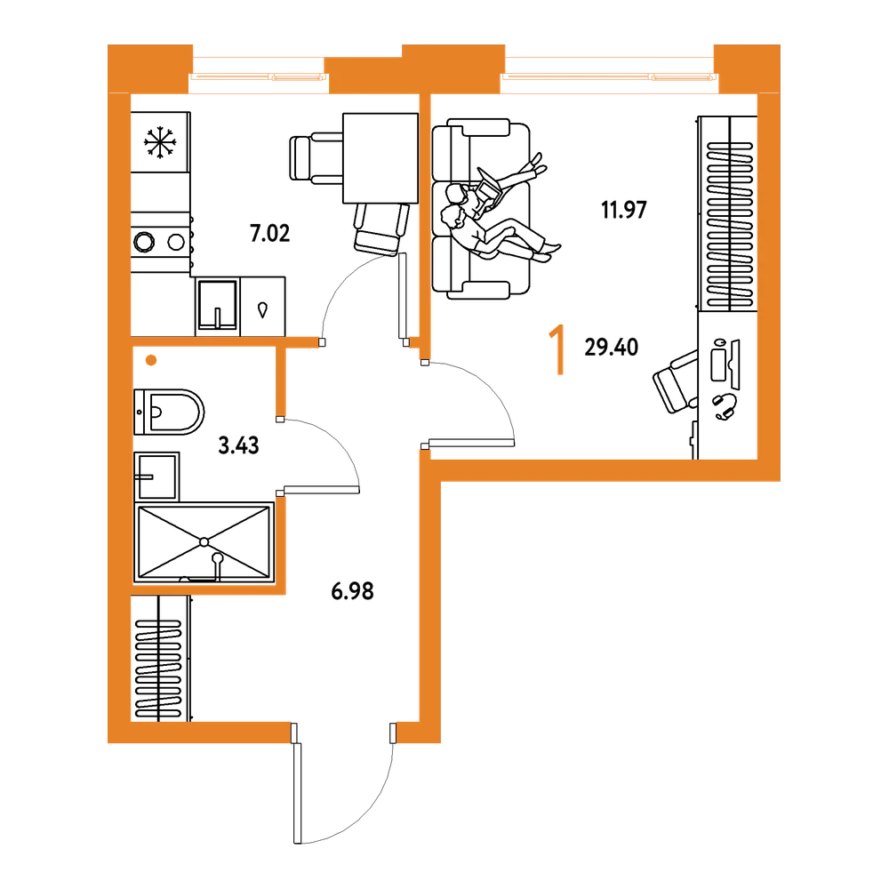 Планировка: 1-комнатная 29,4 м²