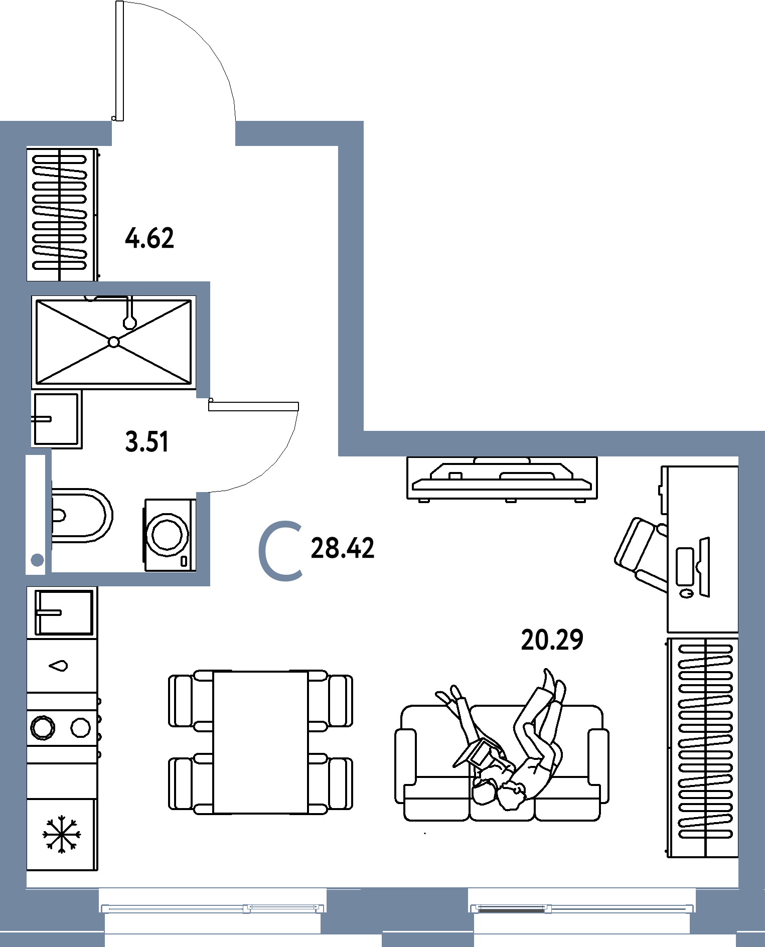 Планировка: Студия 28,42 м² в ЖК «Домашний»