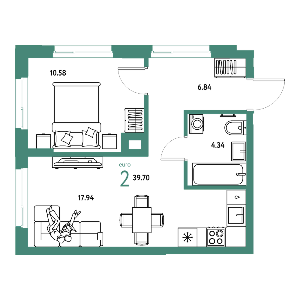 Планировка: Евродвушка 39,7 м²