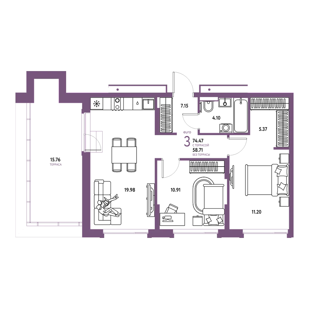 Планировка: Евротрёшка 74,47 м²