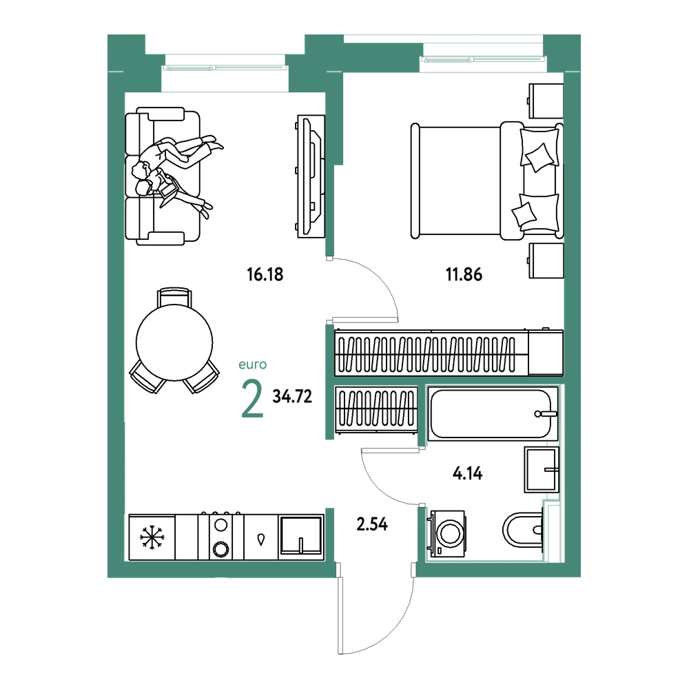 Планировка: Евродвушка 34,72 м²