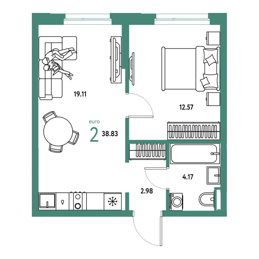 Планировка: Евродвушка 38,83 м²