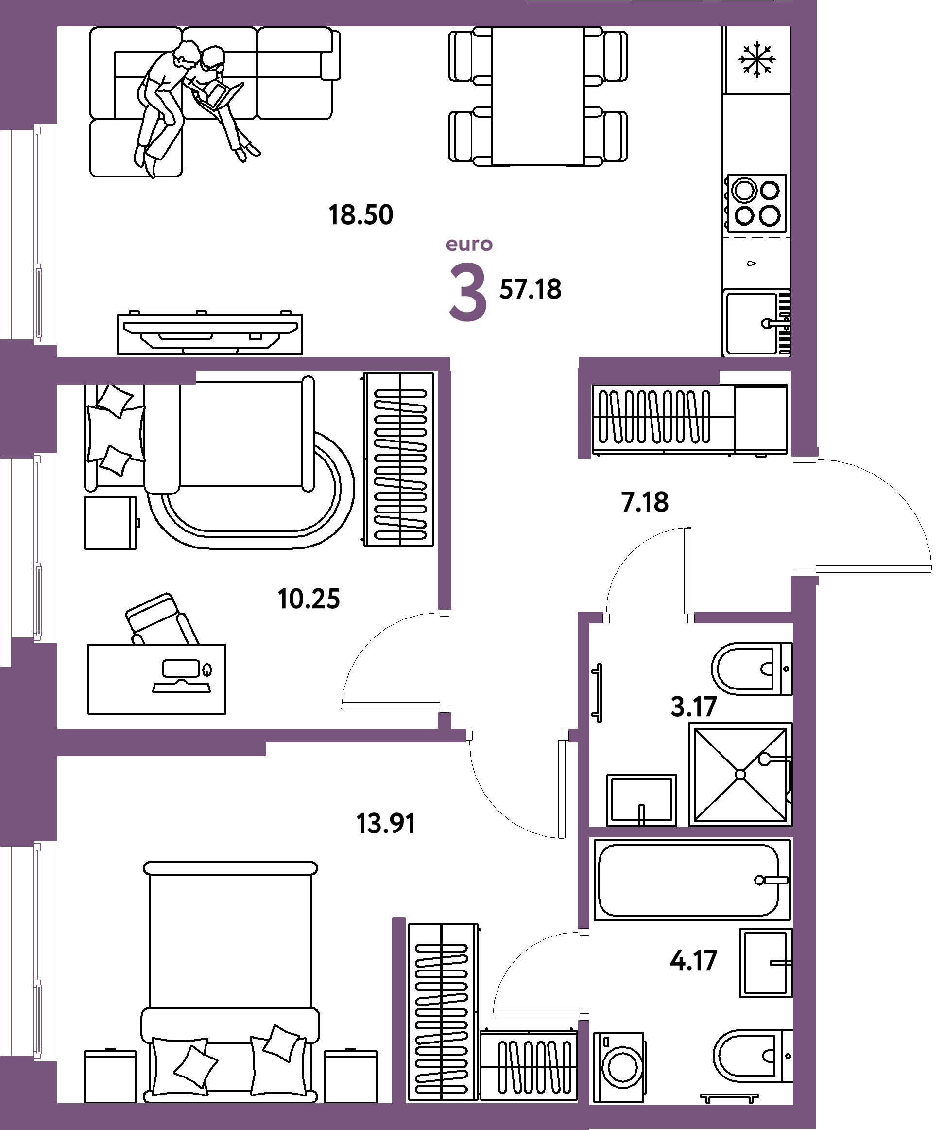 Планировка: Евротрёшка 57,18 м² в ЖК «Европейский берег 2.0»