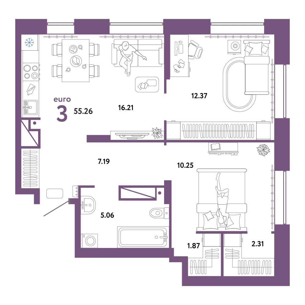 Планировка: Евротрёшка 55,26 м²