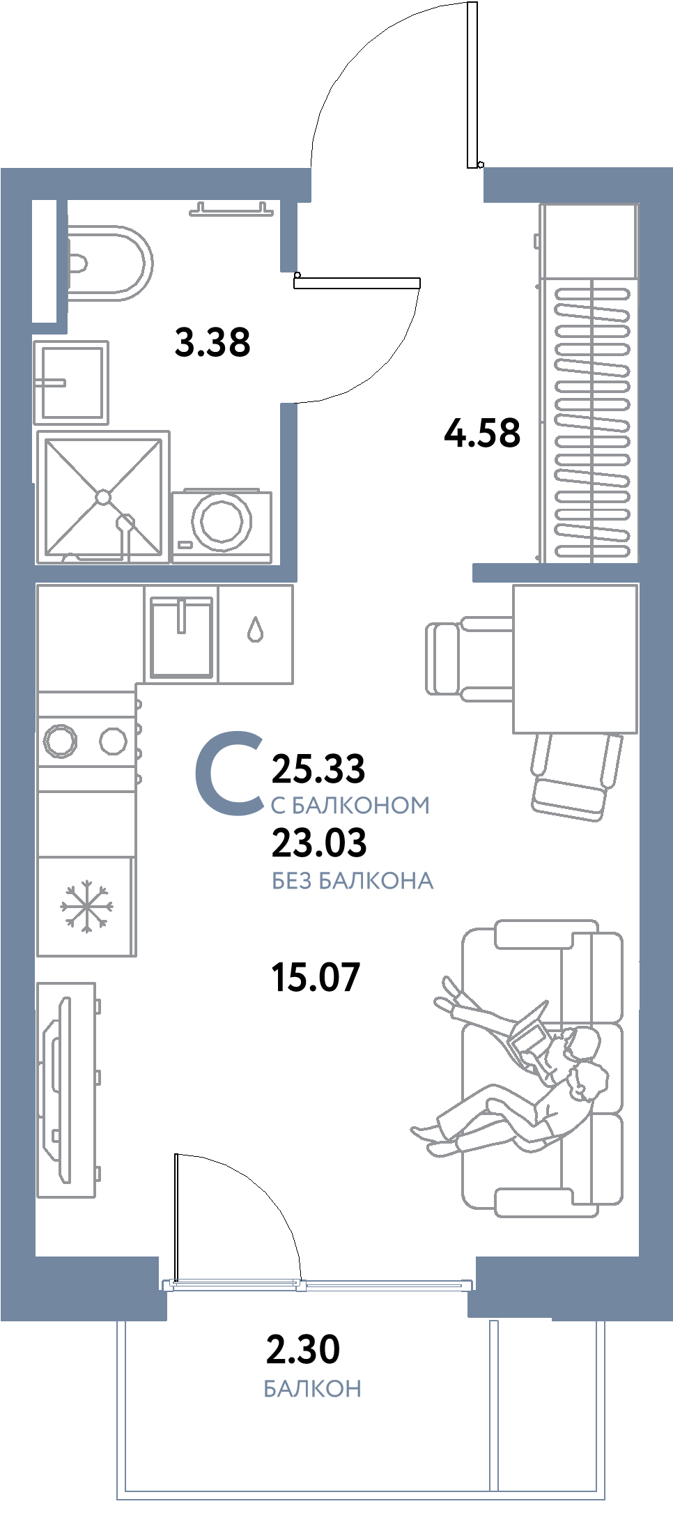 Планировка: Студия 25,33 м² в ЖК «Остров-сад»