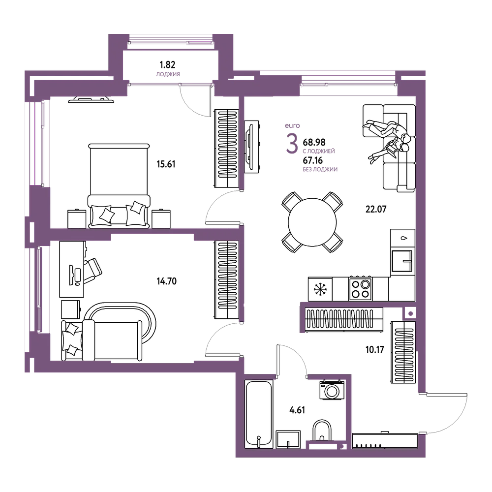 Планировка: Евротрёшка 68,98 м²