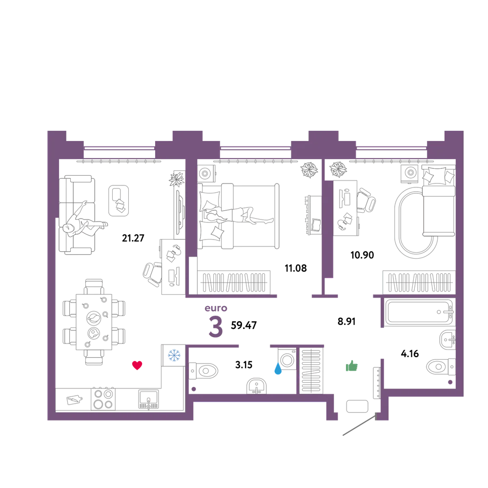 Планировка: Евротрёшка 59,8 м²