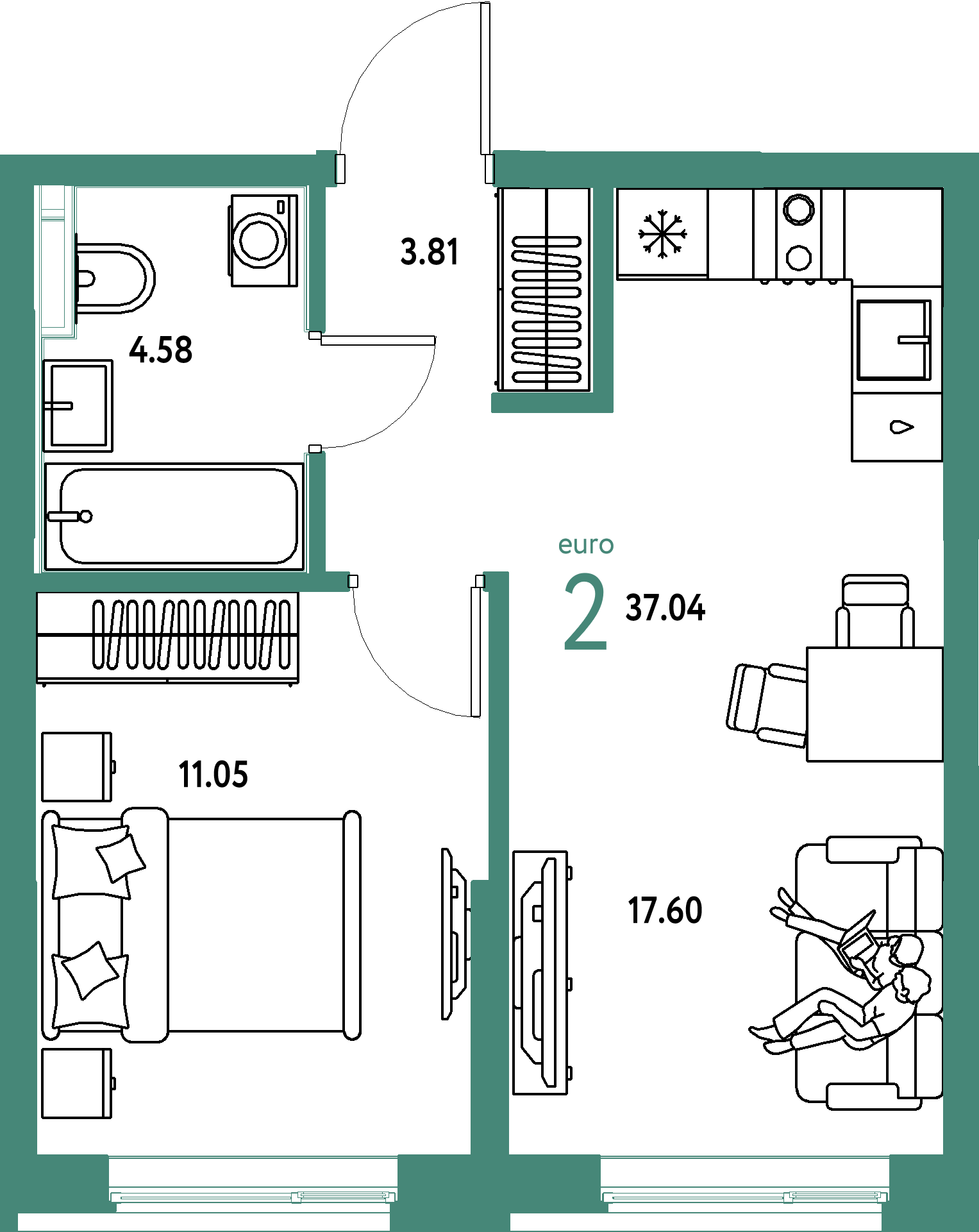 Планировка: Евродвушка 37,04 м² в ЖК «Остров-сад»