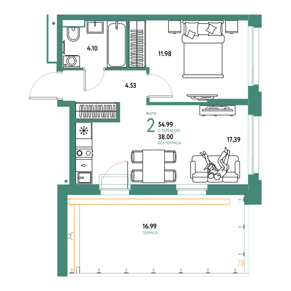 Планировка: Евродвушка 54,99 м²