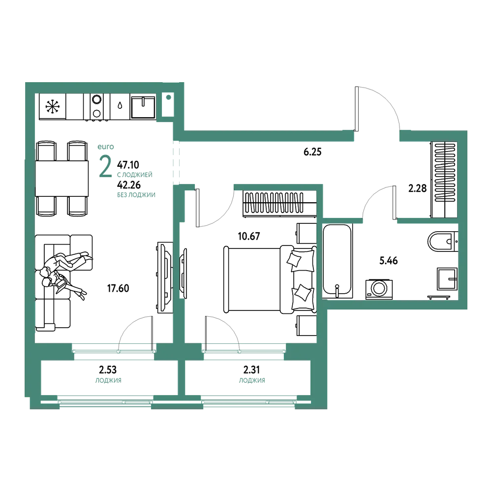 Планировка: Евродвушка 47,1 м²
