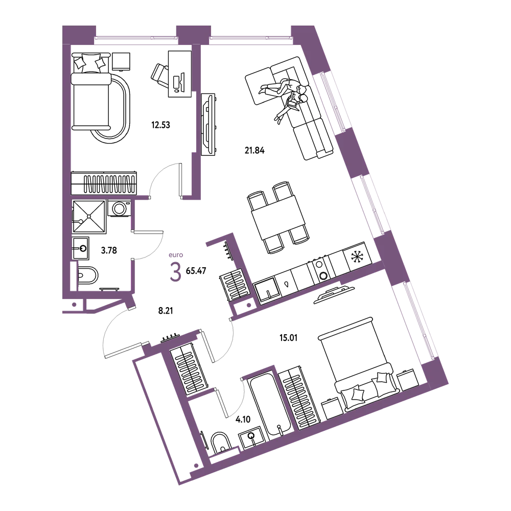 Планировка: Евротрёшка 65,47 м²