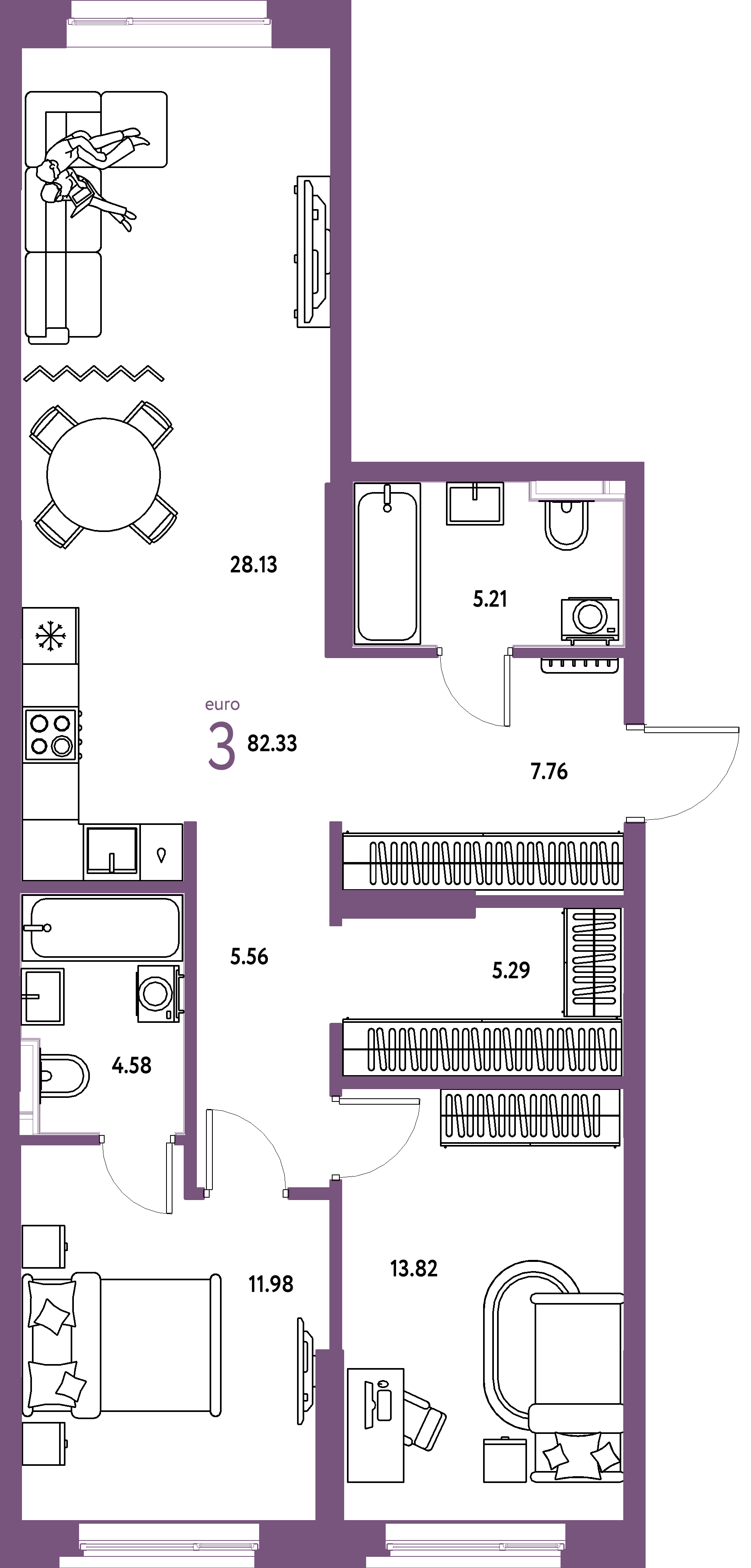 Планировка: Евротрёшка 82,35 м² в ЖК «Остров-сад»