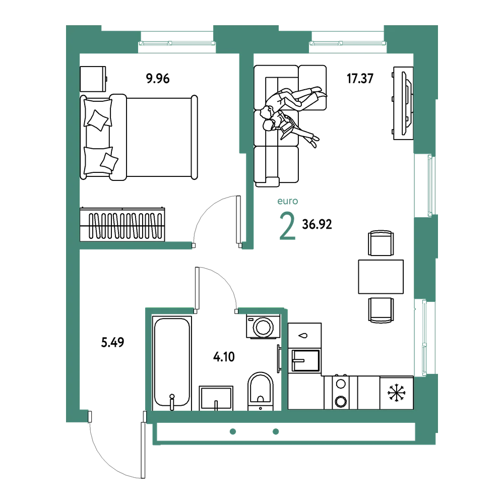 Планировка: Евродвушка 36,92 м²