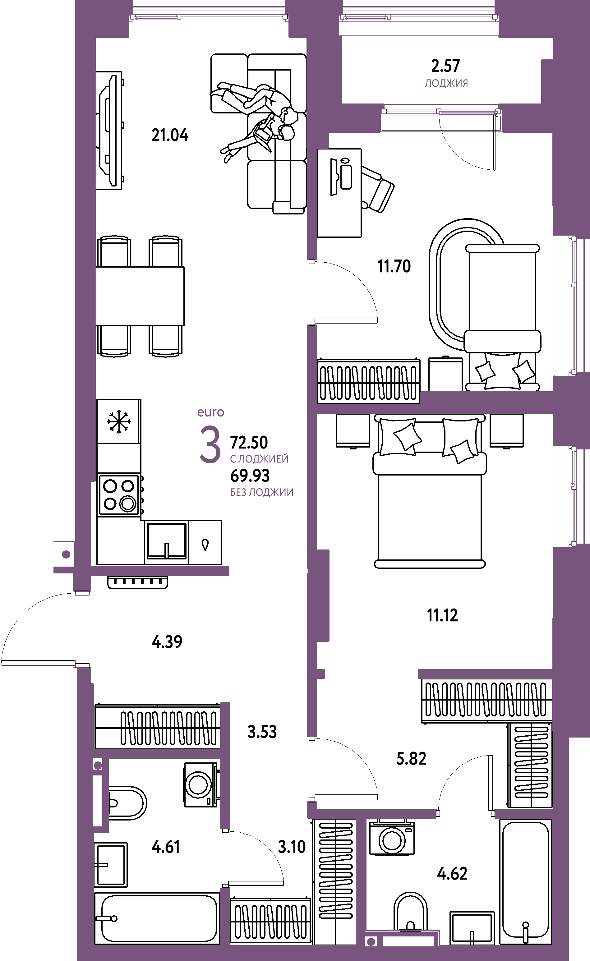 Планировка: Евротрёшка 72,5 м² в ЖК «Страна.Прибрежная»