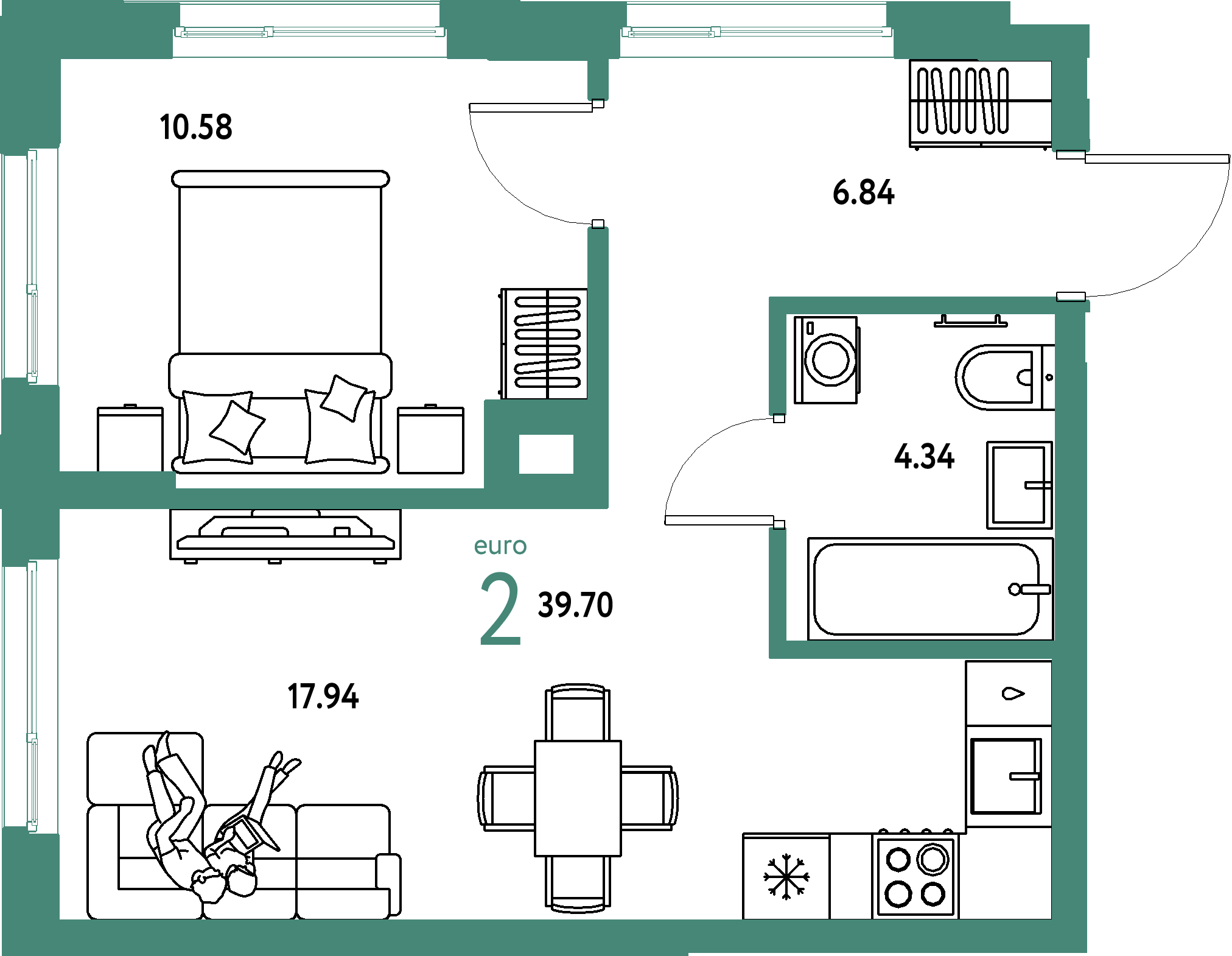 Планировка: Евродвушка 39,7 м² в ЖК «Домашний»